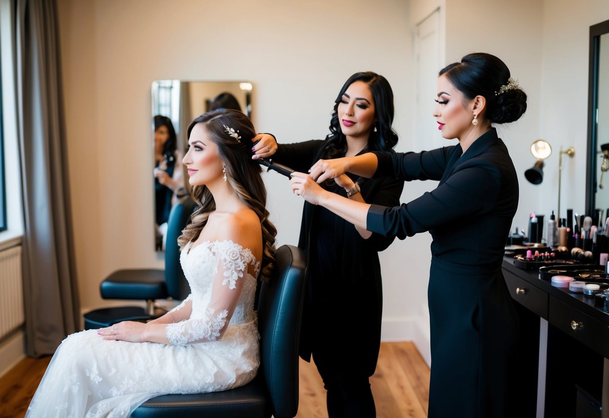 A bride sits in a chair, surrounded by makeup and hair tools. A stylist works on her hair while another applies makeup