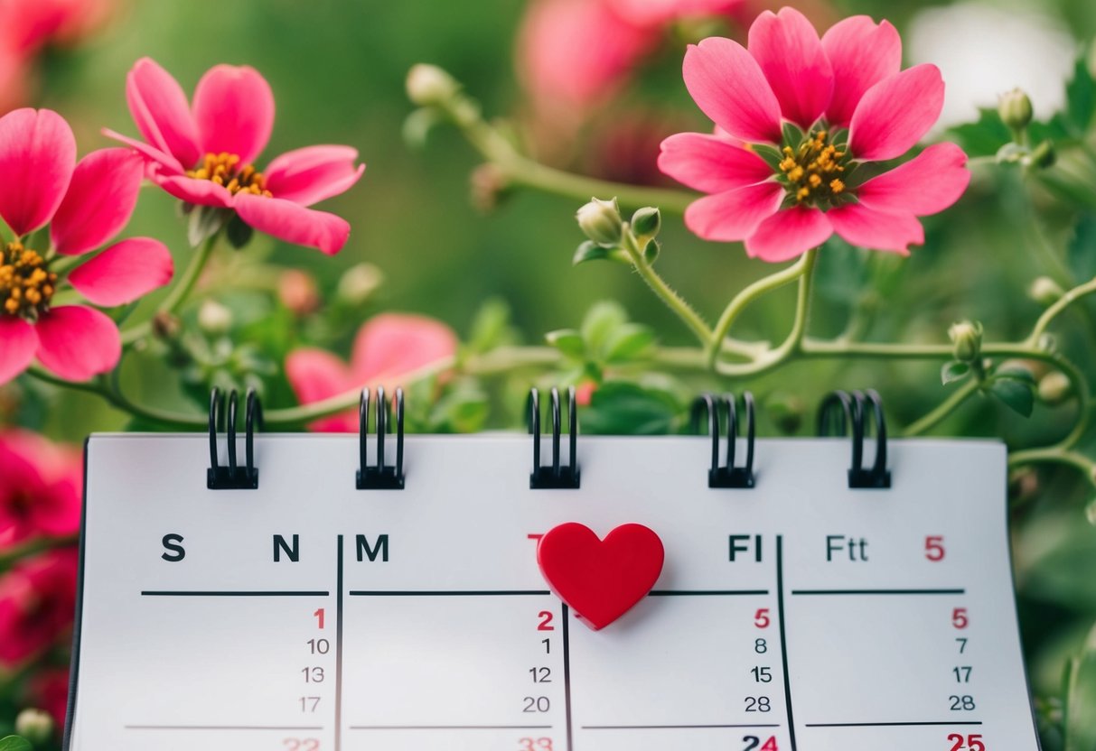 A calendar with a heart-shaped date marker surrounded by flowers and vines