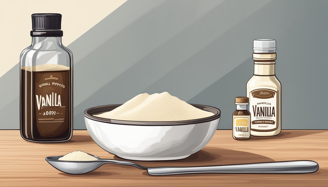 A small bowl of vanilla powder next to a measuring spoon and a bottle of vanilla extract on a kitchen counter