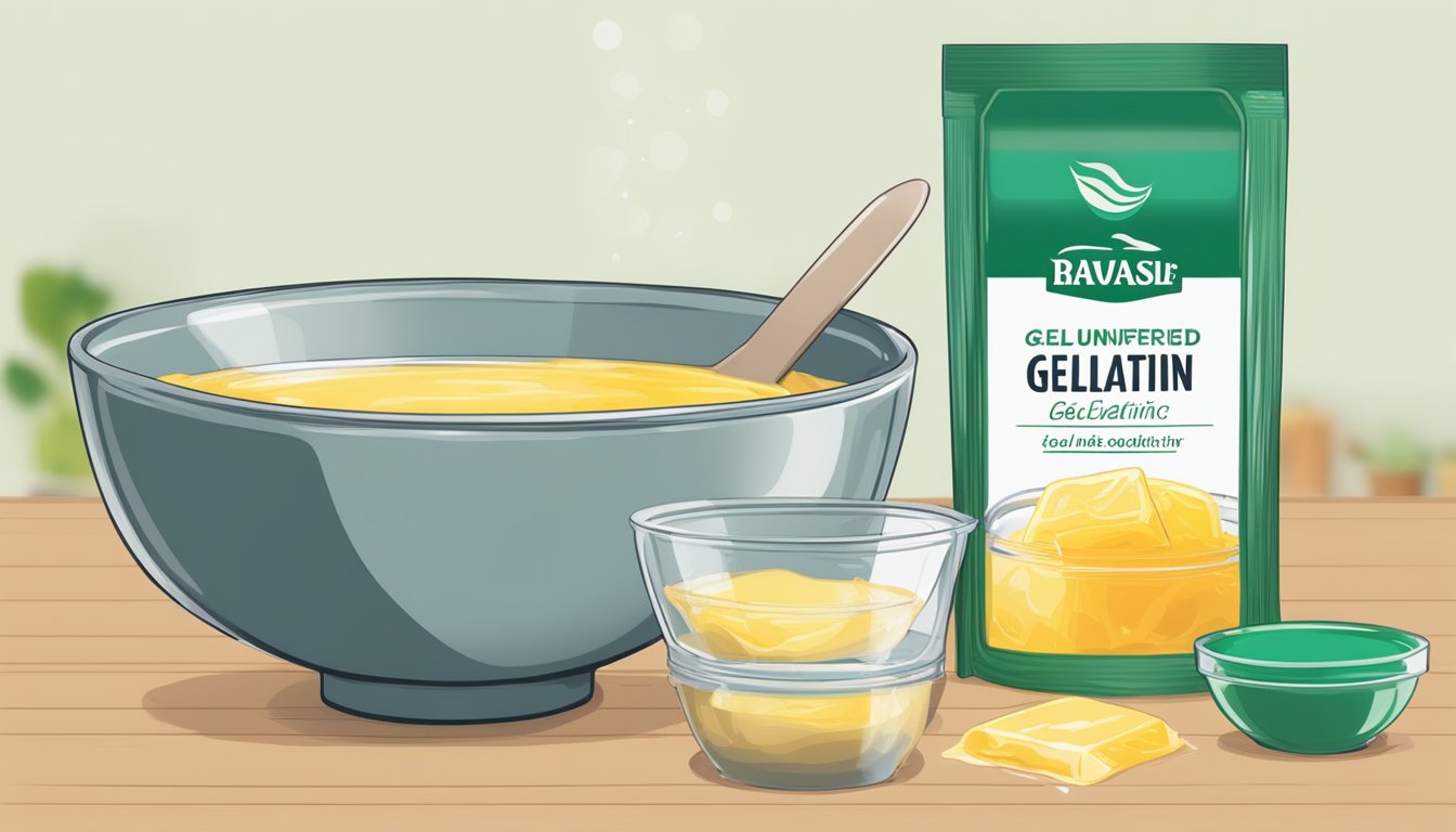 A bowl of unflavored gelatin being mixed into a recipe, with a separate packet of flavored gelatin next to it