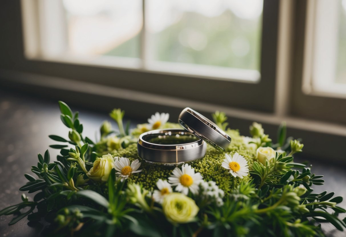 A pair of elegant wedding rings resting on a bed of fresh flowers and greenery, with soft natural light streaming in from a nearby window