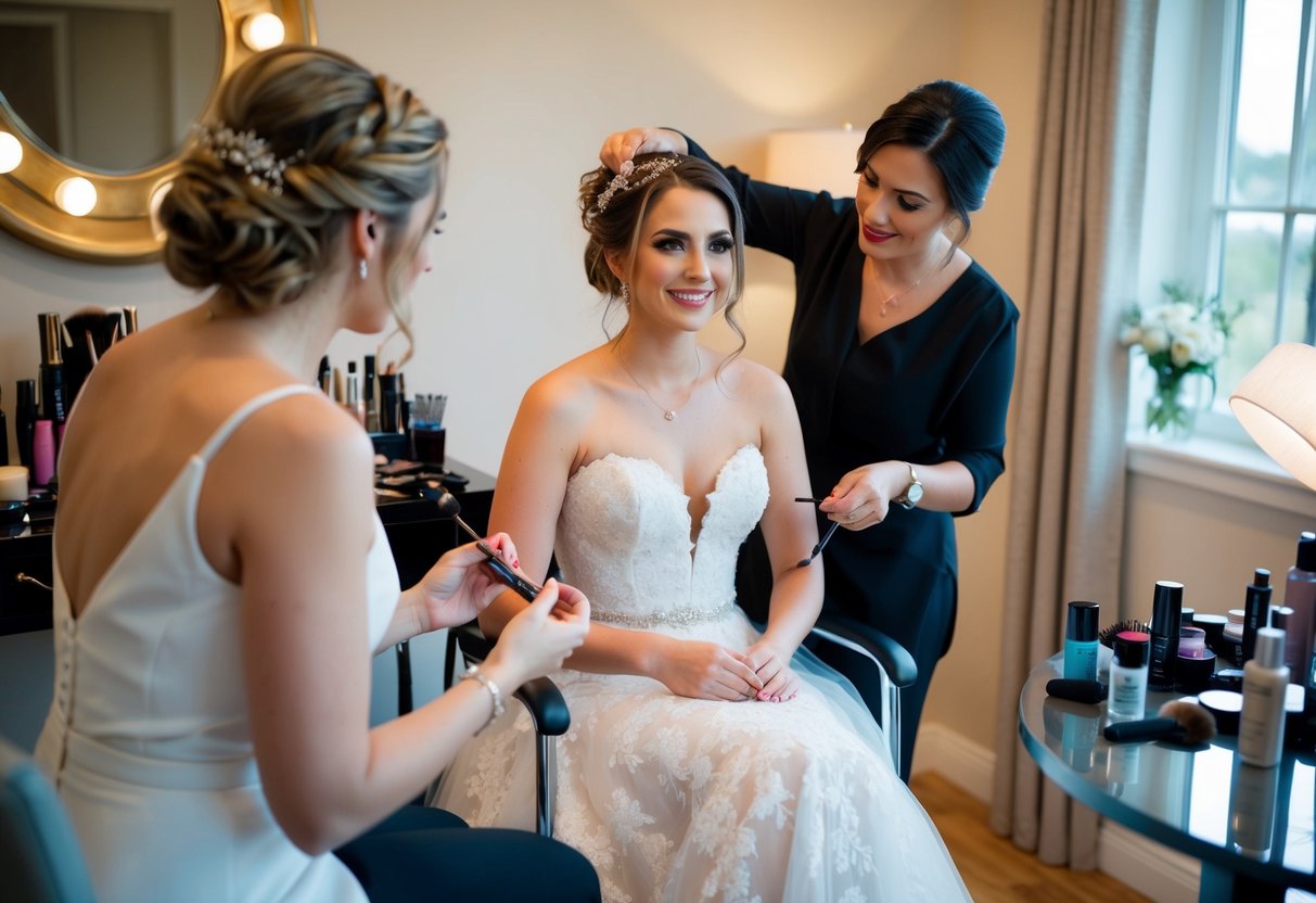 A bride sits in a chair surrounded by makeup and hair products as stylists work on her, creating the perfect bridal look