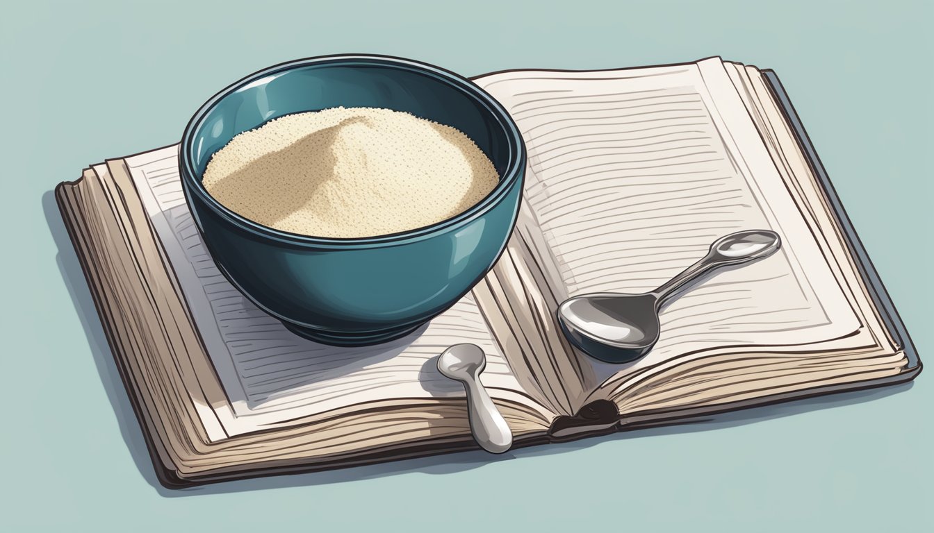 A small bowl of vanilla powder next to a measuring spoon and a recipe book