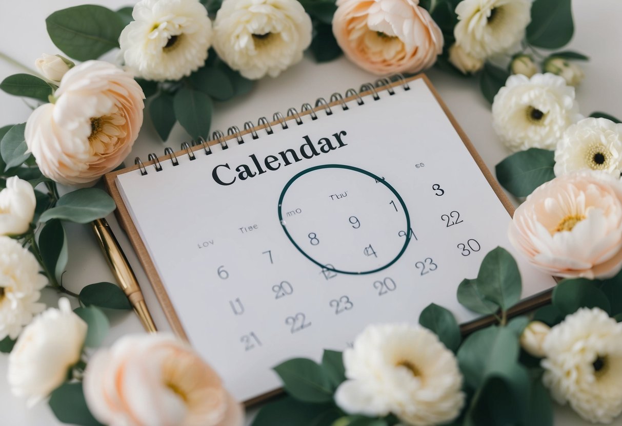 A calendar with a circle around a specific date, surrounded by elegant floral decorations