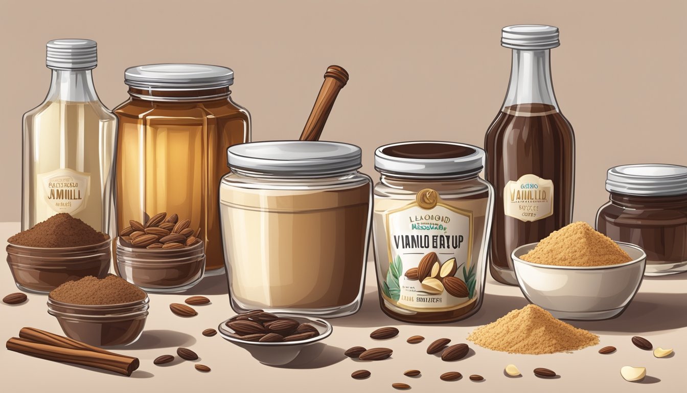 A jar of vanilla powder next to a bottle of vanilla extract, surrounded by various alternative flavorings such as almond and maple syrup