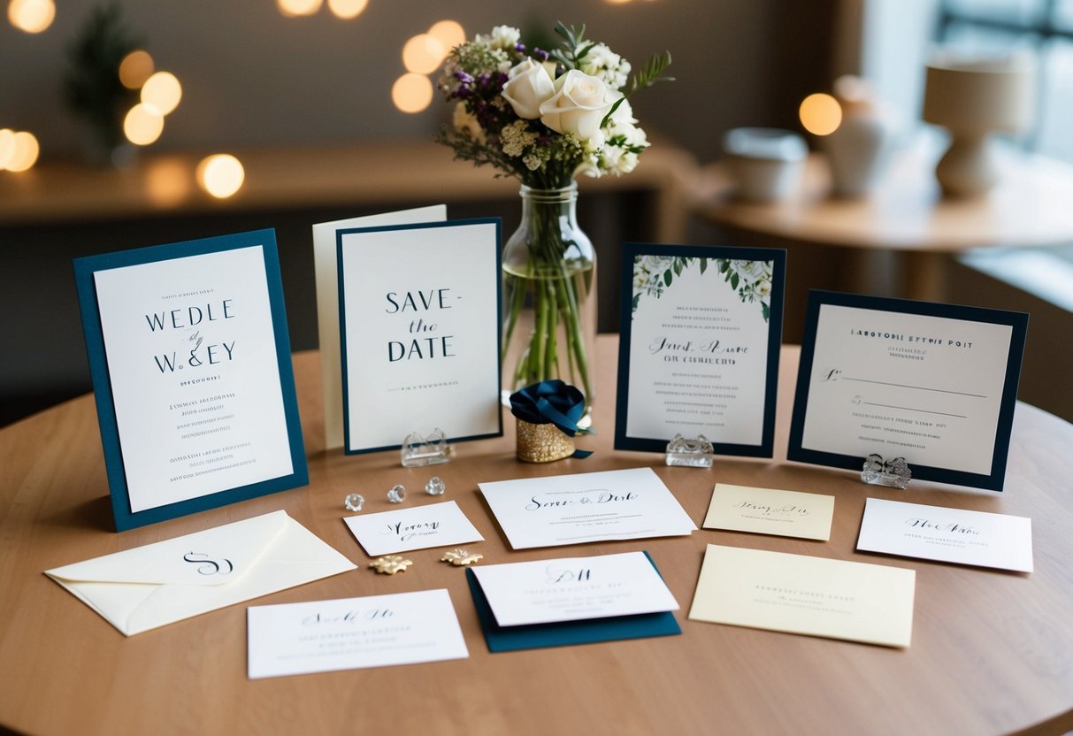 A collection of wedding stationery items arranged on a table, including save-the-date cards, invitations, and envelopes, with coordinating colors and designs