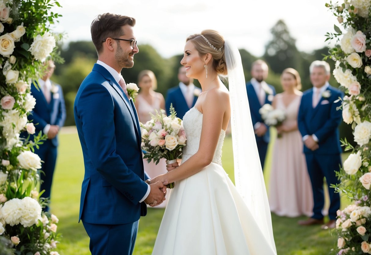 A bride stands on the right side of a groom, surrounded by flowers and wedding decorations