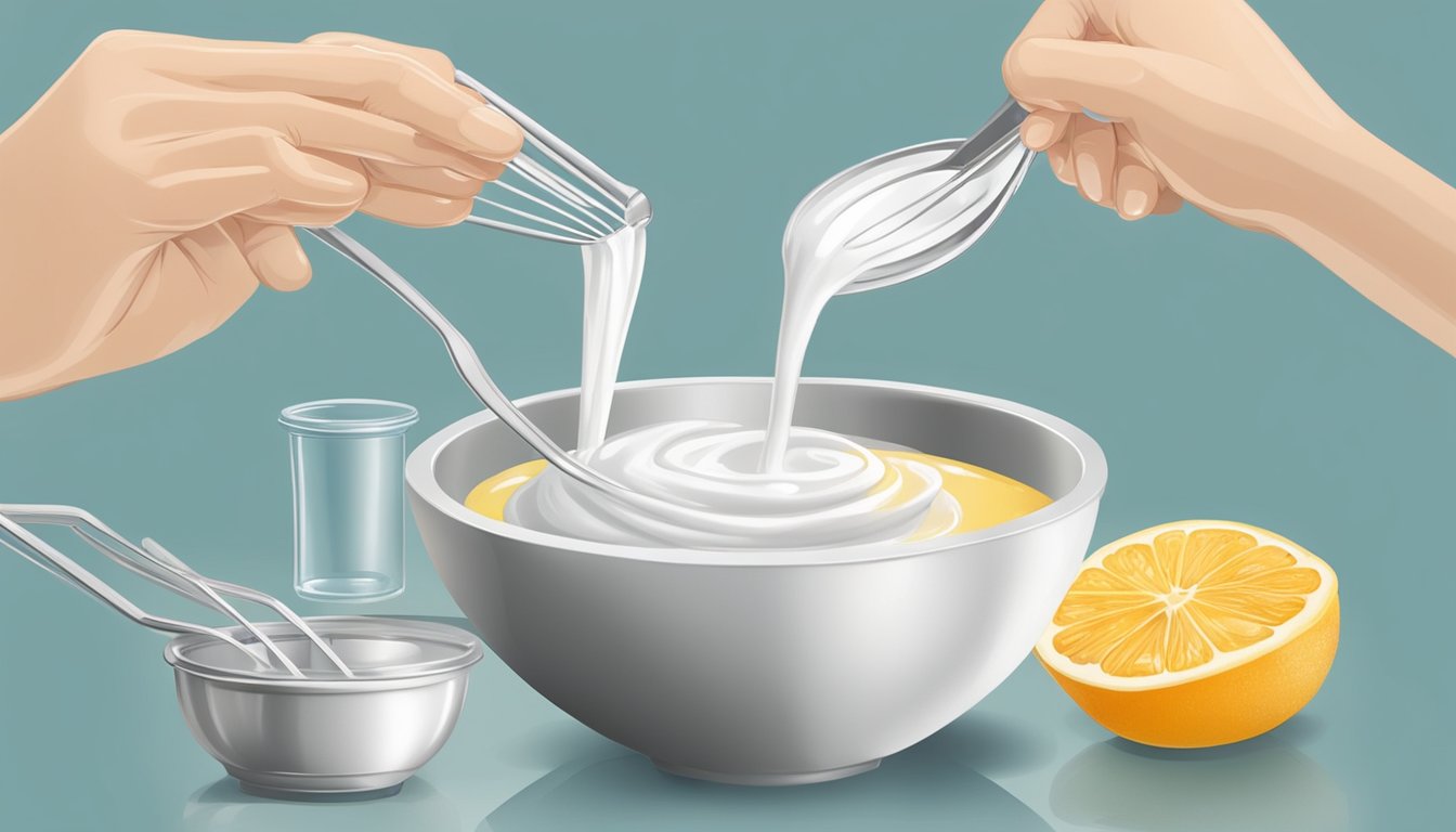 A person pouring unflavored gelatin into a bowl, adding flavored liquid, and mixing it together with a whisk