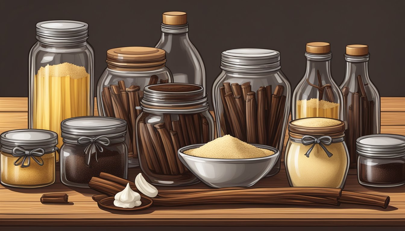 A collection of various vanilla pods, bottles of vanilla extract, and jars of vanilla powder arranged on a wooden table