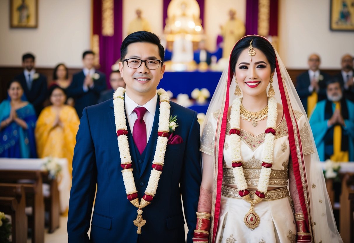 A bride and groom stand side by side, surrounded by symbols of their cultural and religious backgrounds. The bride is positioned on the right side