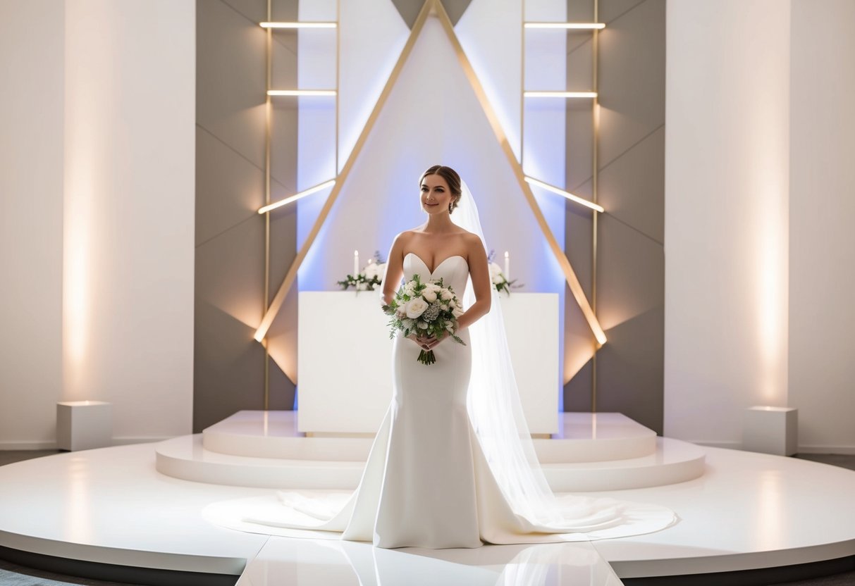 A bride stands on the right side of a modern, minimalist wedding altar, surrounded by sleek, geometric decor and soft, romantic lighting