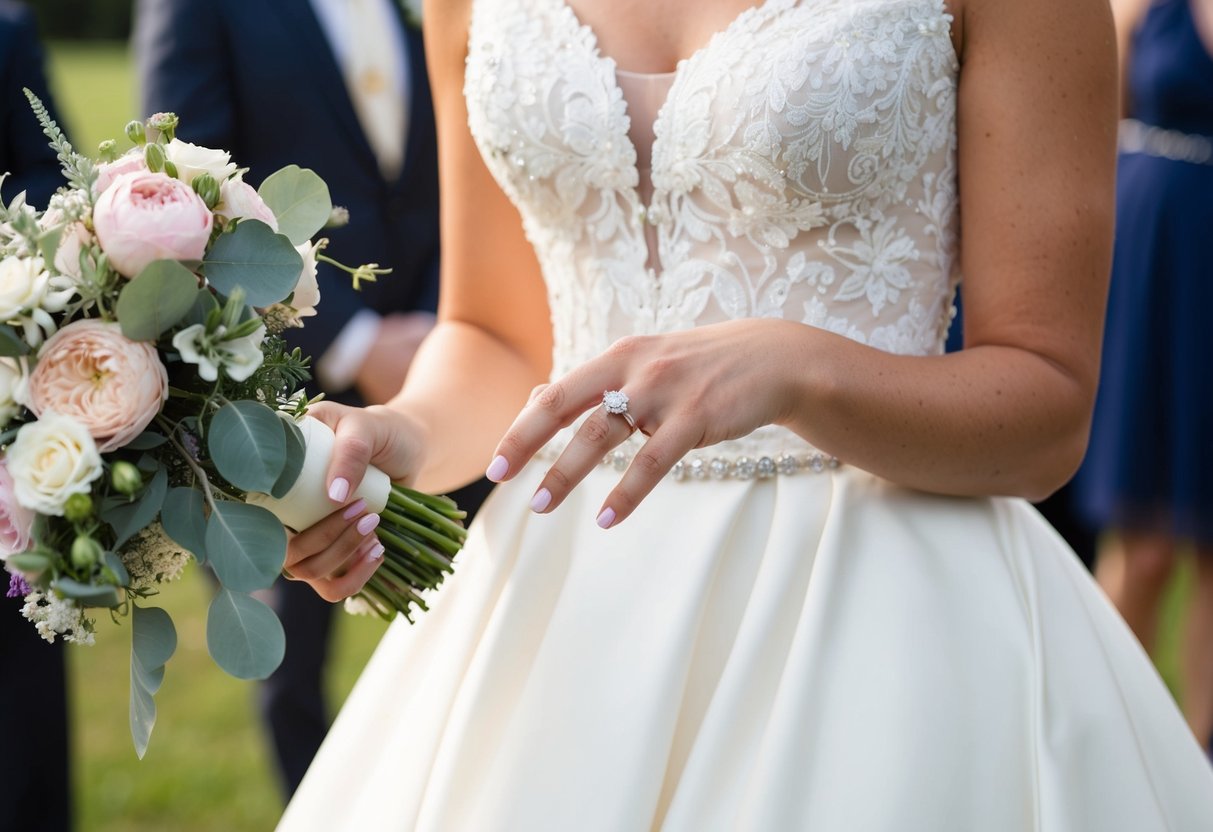 A bride's hand reaches for a bouquet, revealing an engagement ring on her finger. She stands in a white gown, surrounded by flowers and wedding decor