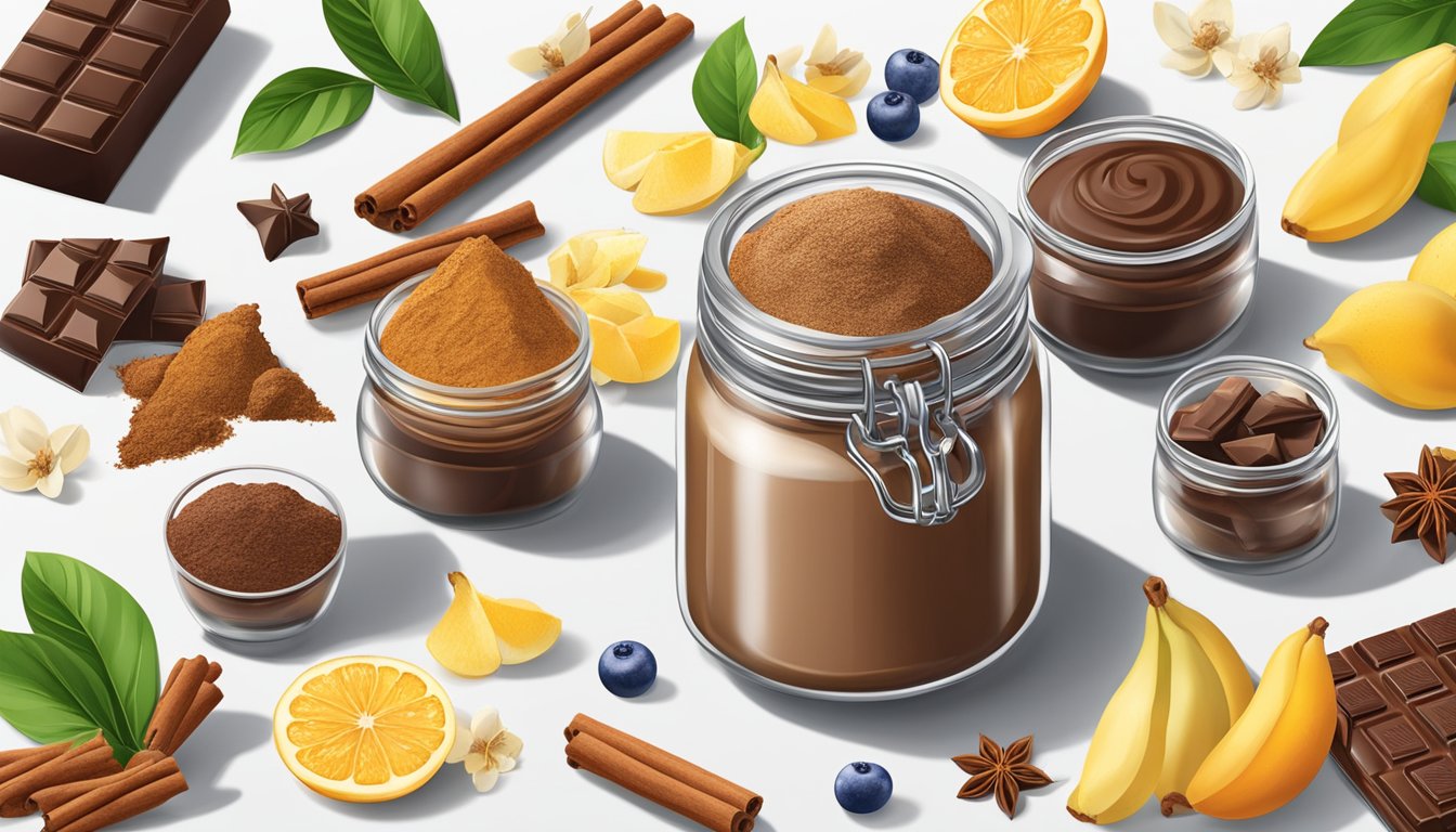 A jar of vanilla powder surrounded by various ingredients like chocolate, cinnamon, and fruit, showcasing the versatility of pairing vanilla with other flavors