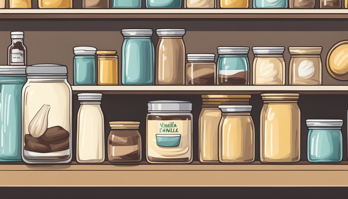 A hand reaching for a jar of vanilla powder on a shelf, next to a bottle of vanilla extract. A pantry with various baking ingredients in the background