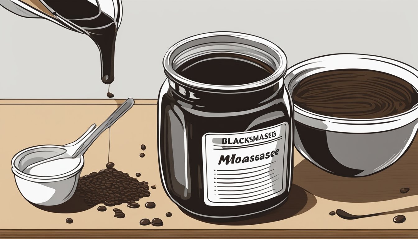 A jar of unsulphured molasses pouring into a mixing bowl, with a measuring spoon and a bottle of blackstrap molasses nearby