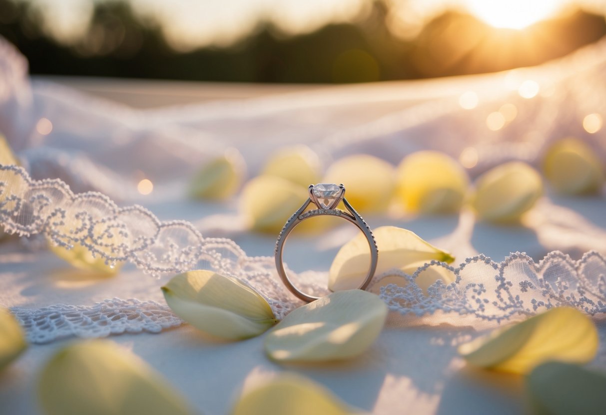 A delicate engagement ring rests on a lace-trimmed bridal veil, surrounded by soft petals and shimmering in the warm glow of morning sunlight