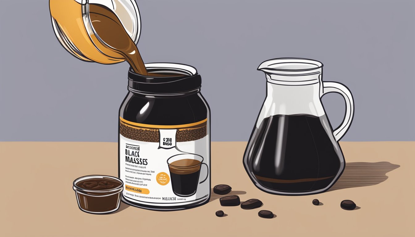 A jar of unsulphured molasses being poured into a measuring cup, with a bag of blackstrap molasses next to it for comparison