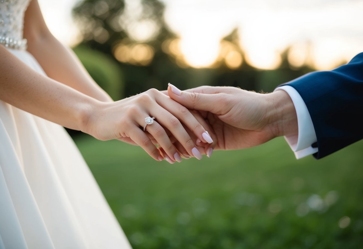 A bride's hand reaches out to hold her partner's, showcasing her engagement ring on her wedding day