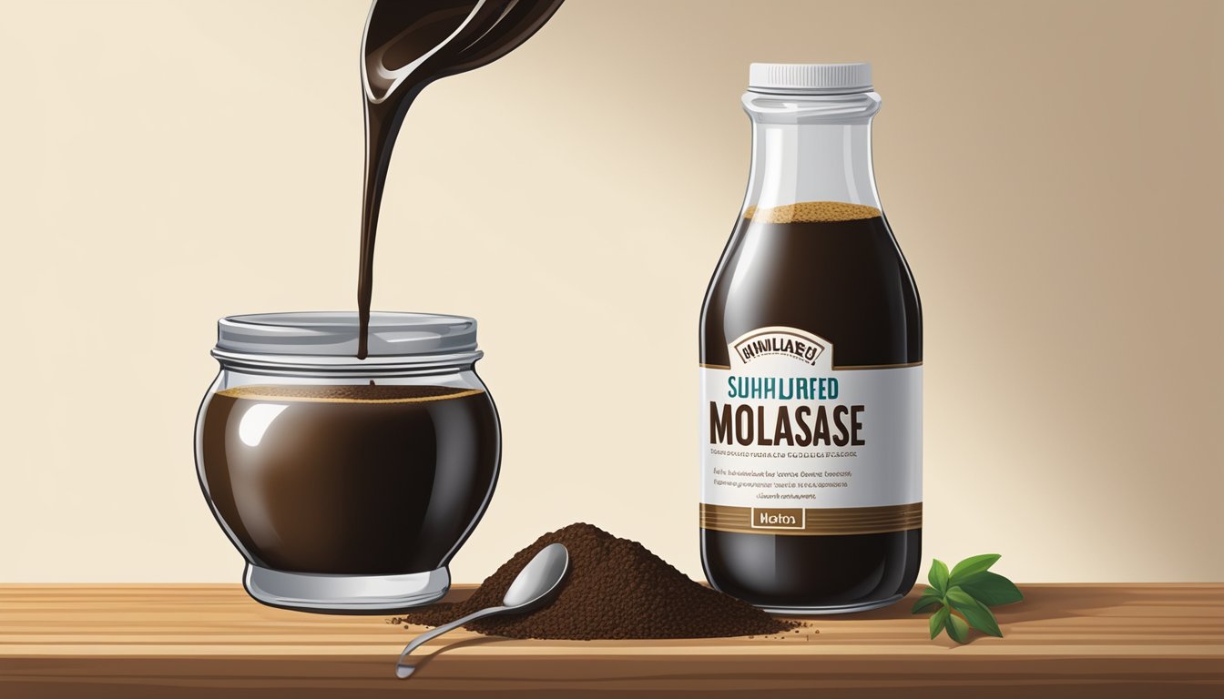 A jar of unsulphured molasses next to a jar of sulphured molasses, with a measuring spoon pouring unsulphured molasses into a bowl