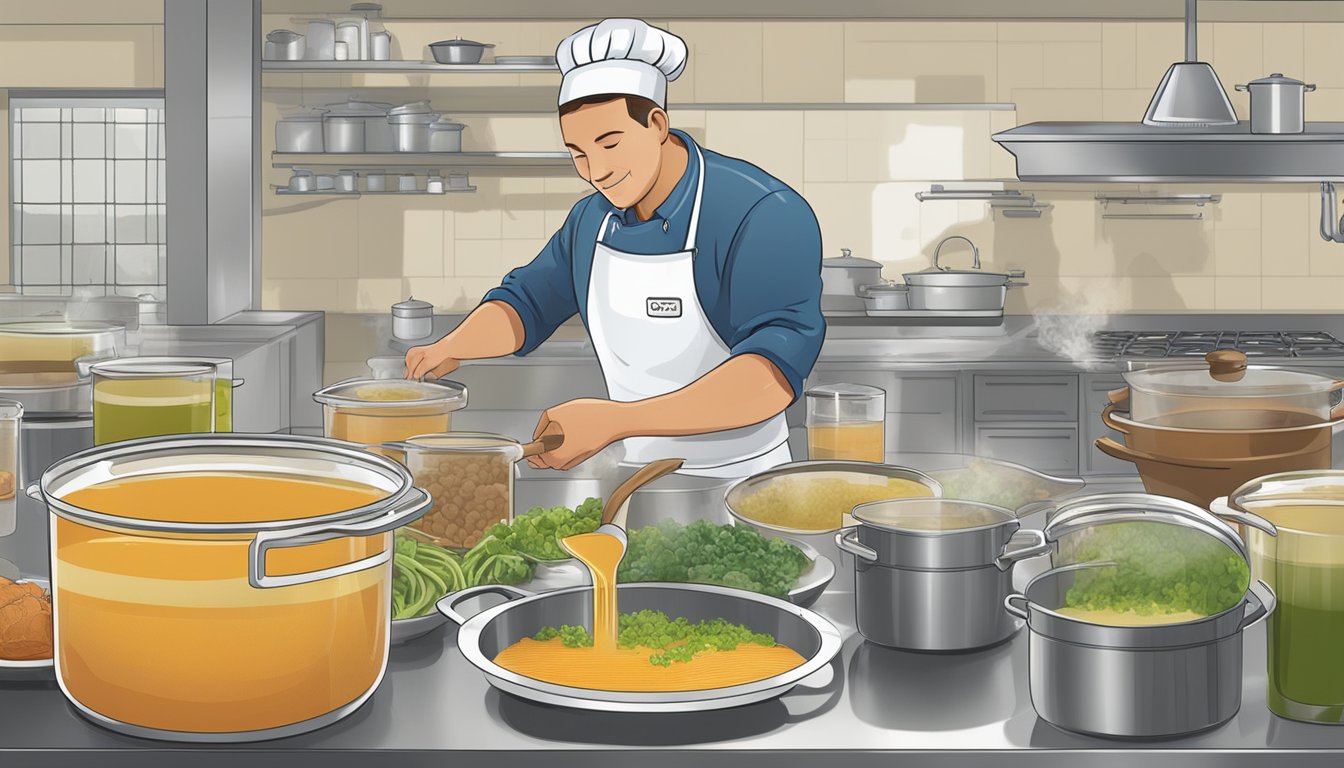 A chef pours vegetable broth into a pot, replacing beef broth. The labels for each type of broth are displayed nearby for reference