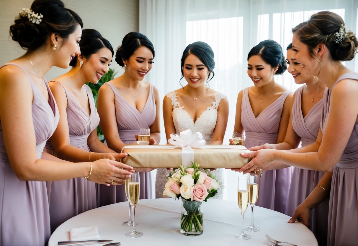 Bridesmaids gather around a table, presenting a wrapped gift to the bride. Flowers and champagne glasses adorn the setting
