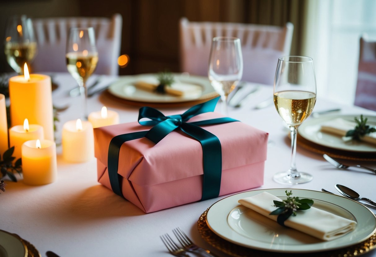 A beautifully wrapped gift sits on a table at a rehearsal dinner, surrounded by elegant place settings and glowing candles