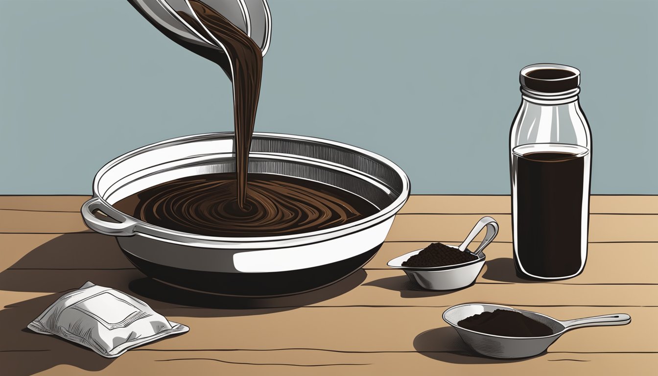 A jar of unsulphured molasses being poured into a mixing bowl, with a bag of blackstrap molasses next to it