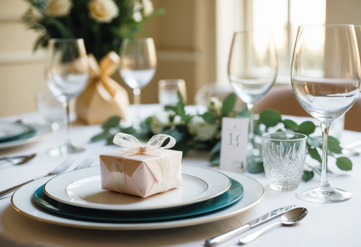 A beautifully set table with elegant place settings and a small, tasteful gift wrapped in delicate paper
