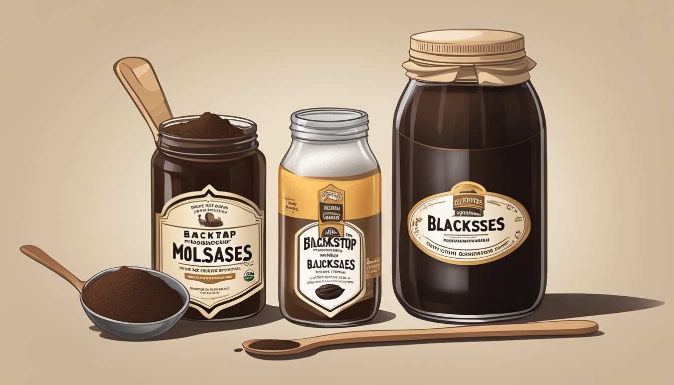 A jar of unsulphured molasses sits next to a jar of blackstrap molasses, with a measuring spoon and various sweeteners nearby