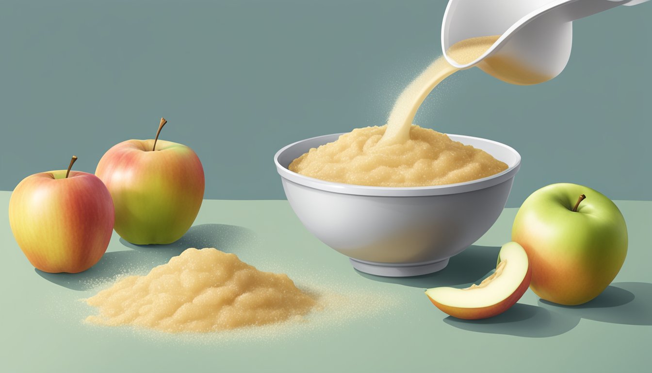 A mixing bowl with a measuring cup of unsweetened applesauce being poured into it, alongside a pile of sugar being replaced by the applesauce