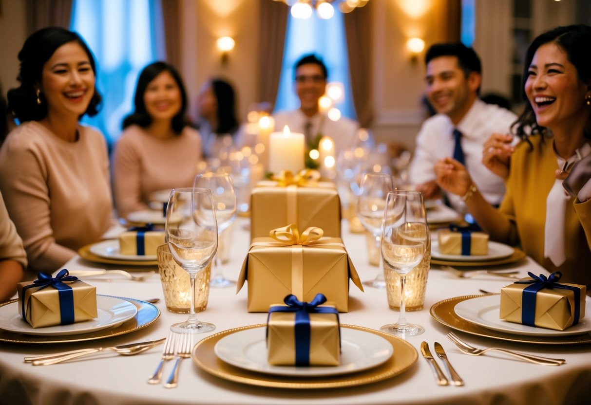 A beautifully set table with elegant place settings and a wrapped gift placed next to each seat. The room is filled with warm lighting and laughter
