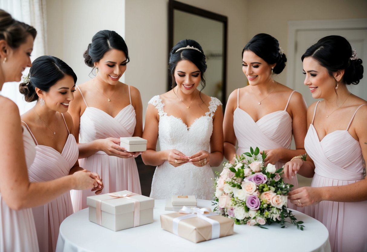 Bridesmaids gather around a table, admiring a delicate jewelry box and a bouquet of flowers. A wrapped gift sits beside them
