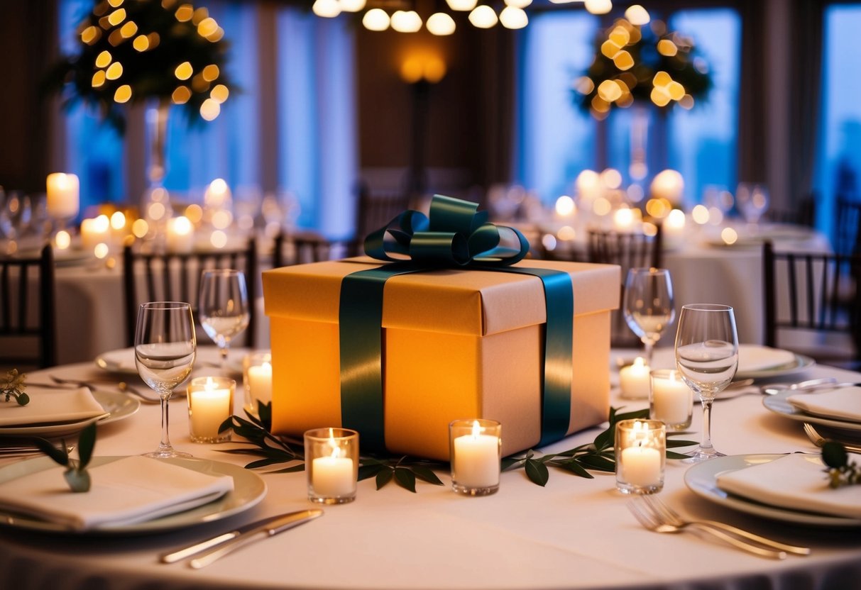 A beautifully wrapped gift box sits on a table at a rehearsal dinner, surrounded by elegant place settings and glowing candlelight