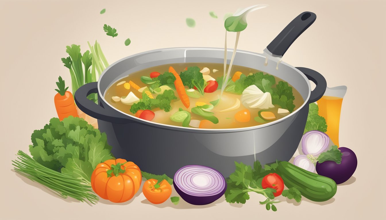 A pot of vegetable broth being poured into a cooking dish, with various vegetables and herbs scattered around