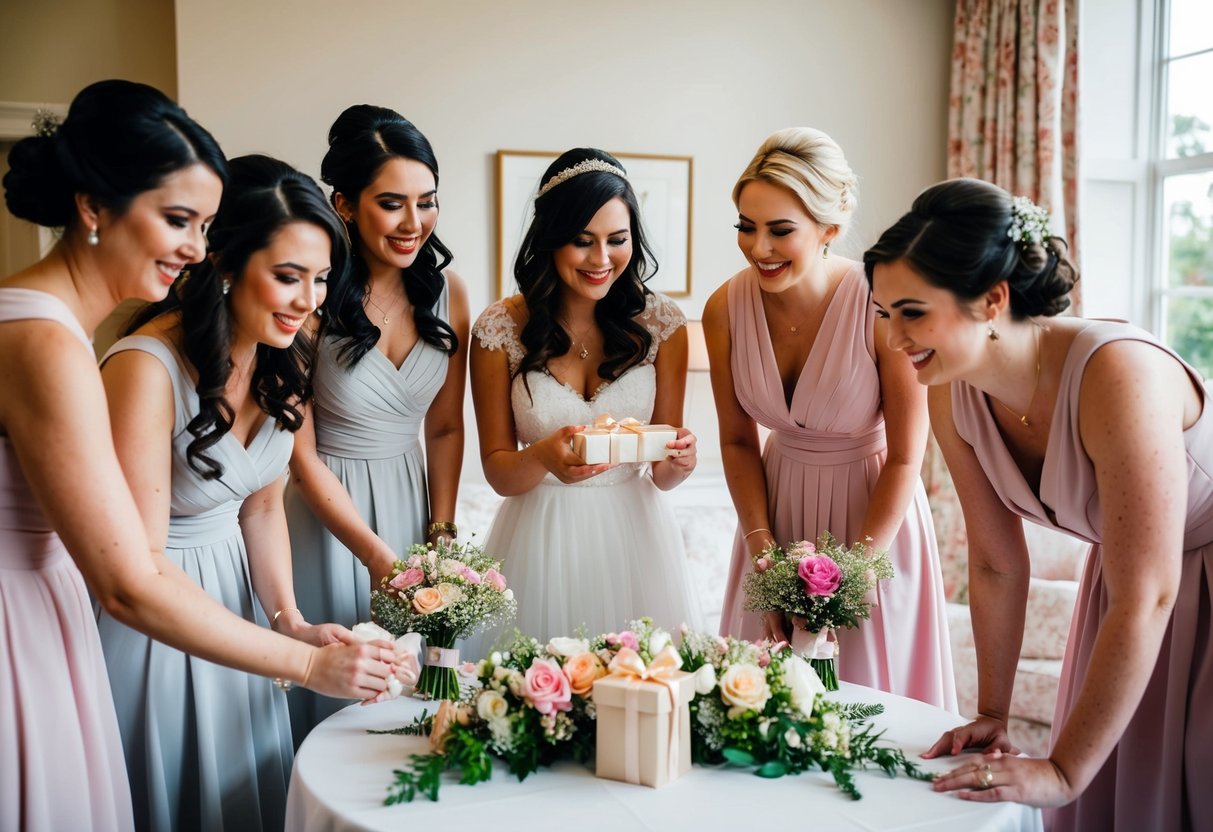 Bridesmaids gather around a table, admiring a delicate gift for the bride. Dresses and flowers adorn the room