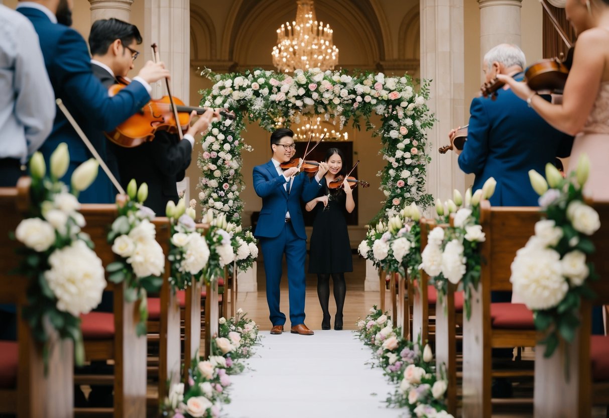 A flower-covered aisle with two musicians playing music