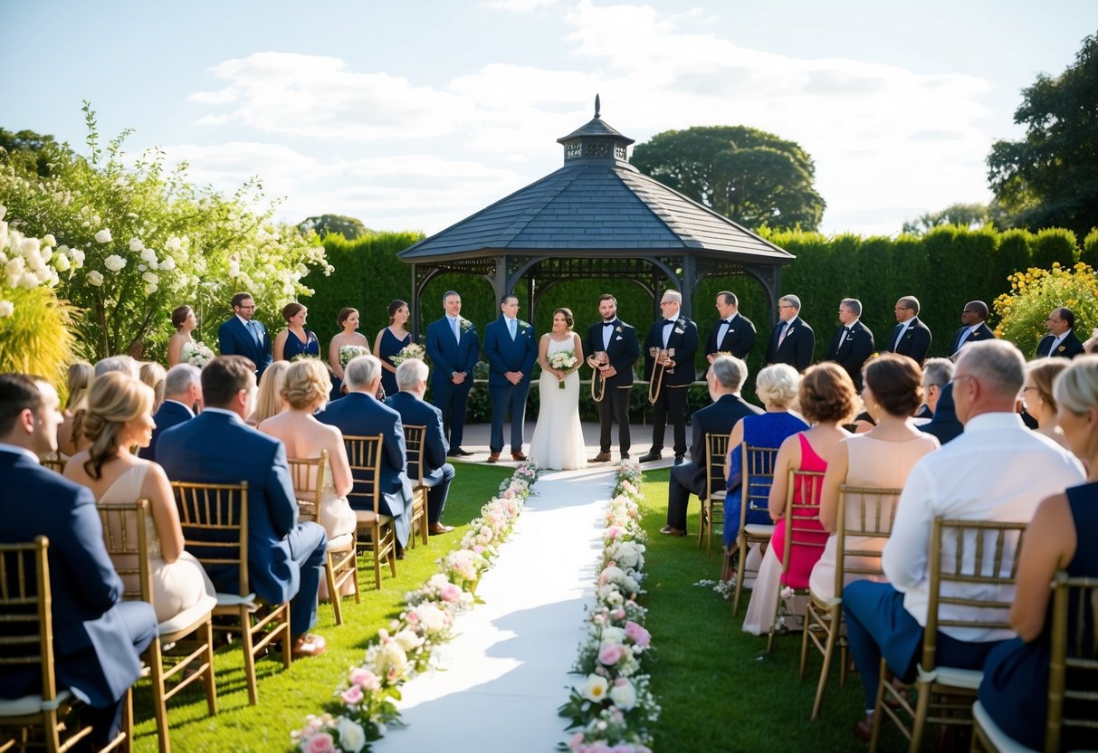 Guests seated in a sunlit garden, watching a flower-lined aisle. A string quartet plays under a gazebo