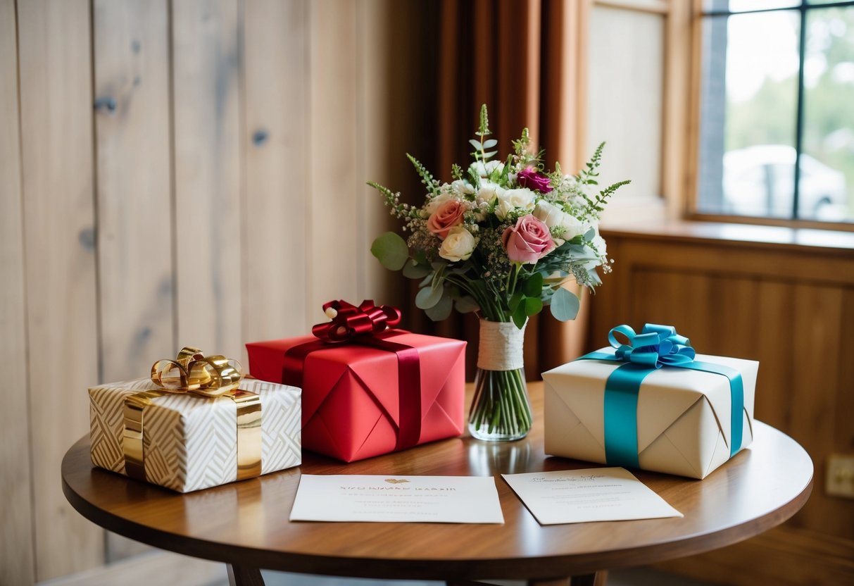 A table with wrapped gifts, a bouquet, and a wedding invitation