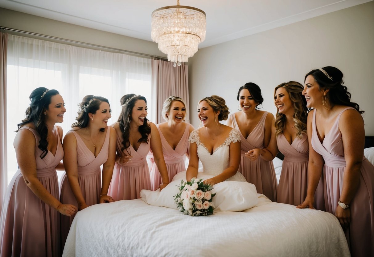 Bridesmaids gather around bride's bed, sharing laughter and memories, as they prepare to stay the night before her wedding