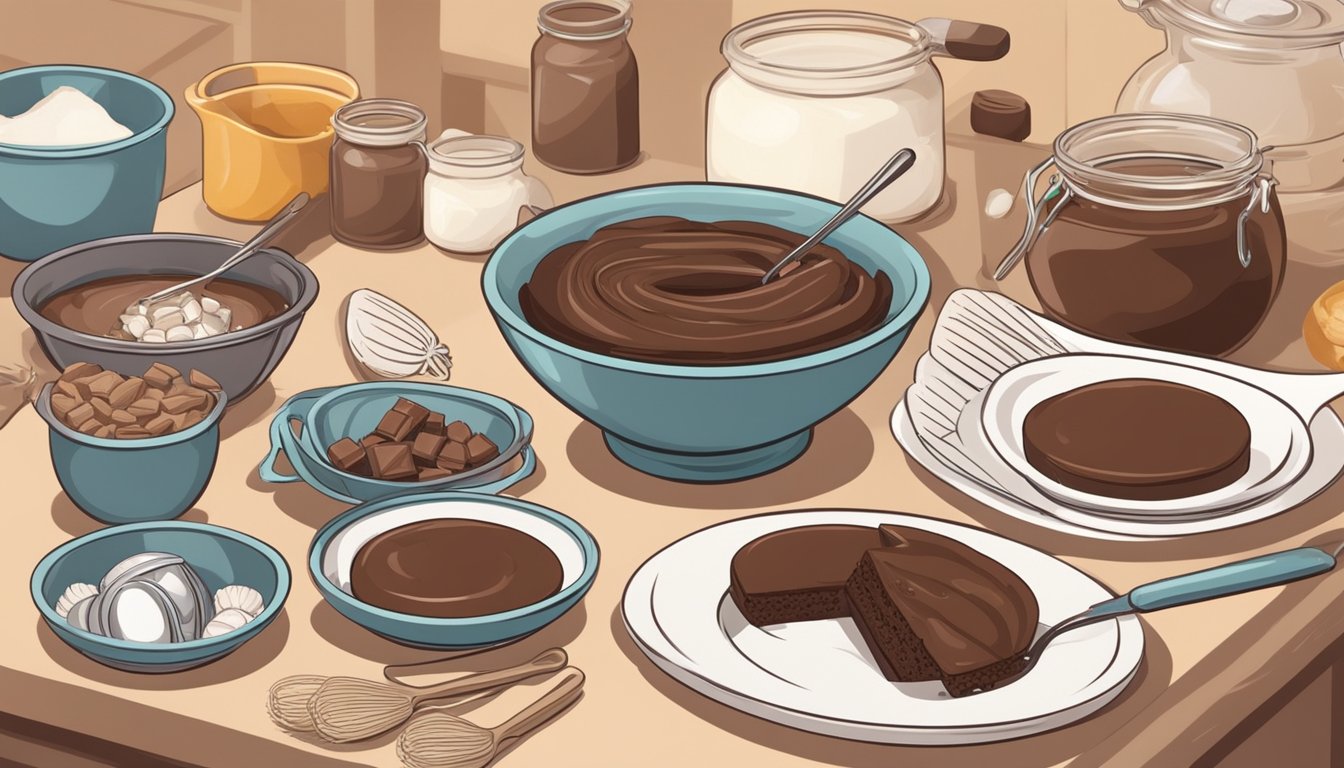 A baker carefully measures out unsweetened chocolate to substitute for bittersweet in a mixing bowl surrounded by various baking ingredients and utensils