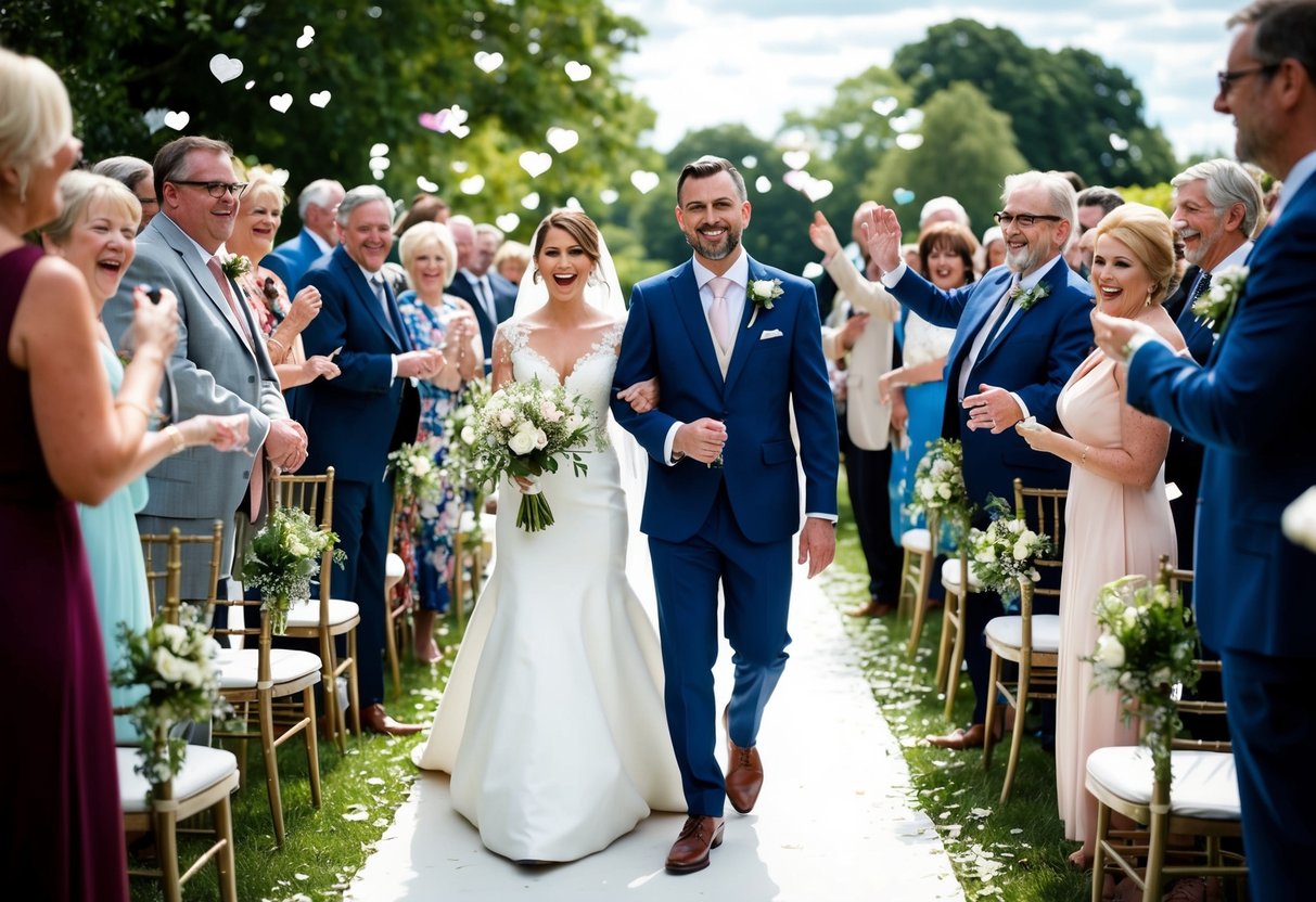 The newlyweds walk down the aisle, surrounded by joyful guests. The music fills the air with celebration and love