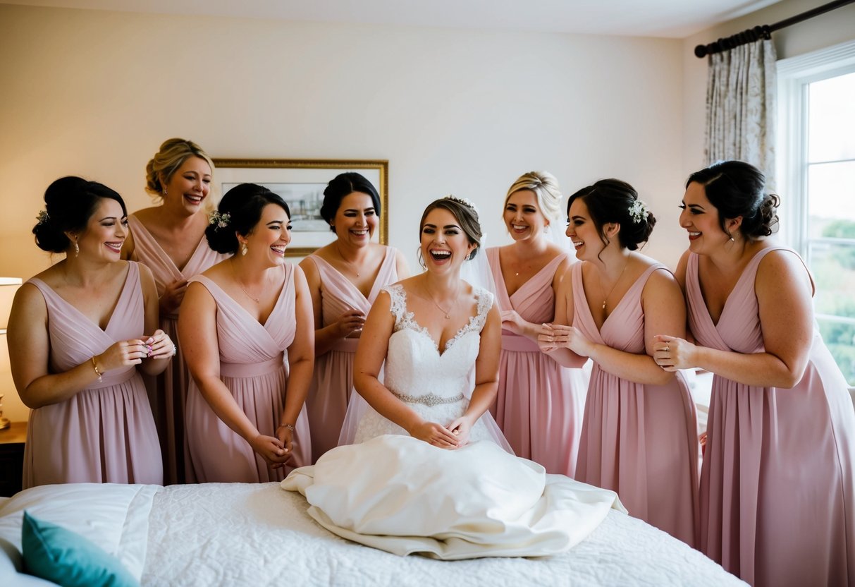 Bridesmaids gather around bride in cozy bedroom, sharing laughter and memories, preparing for the big day ahead