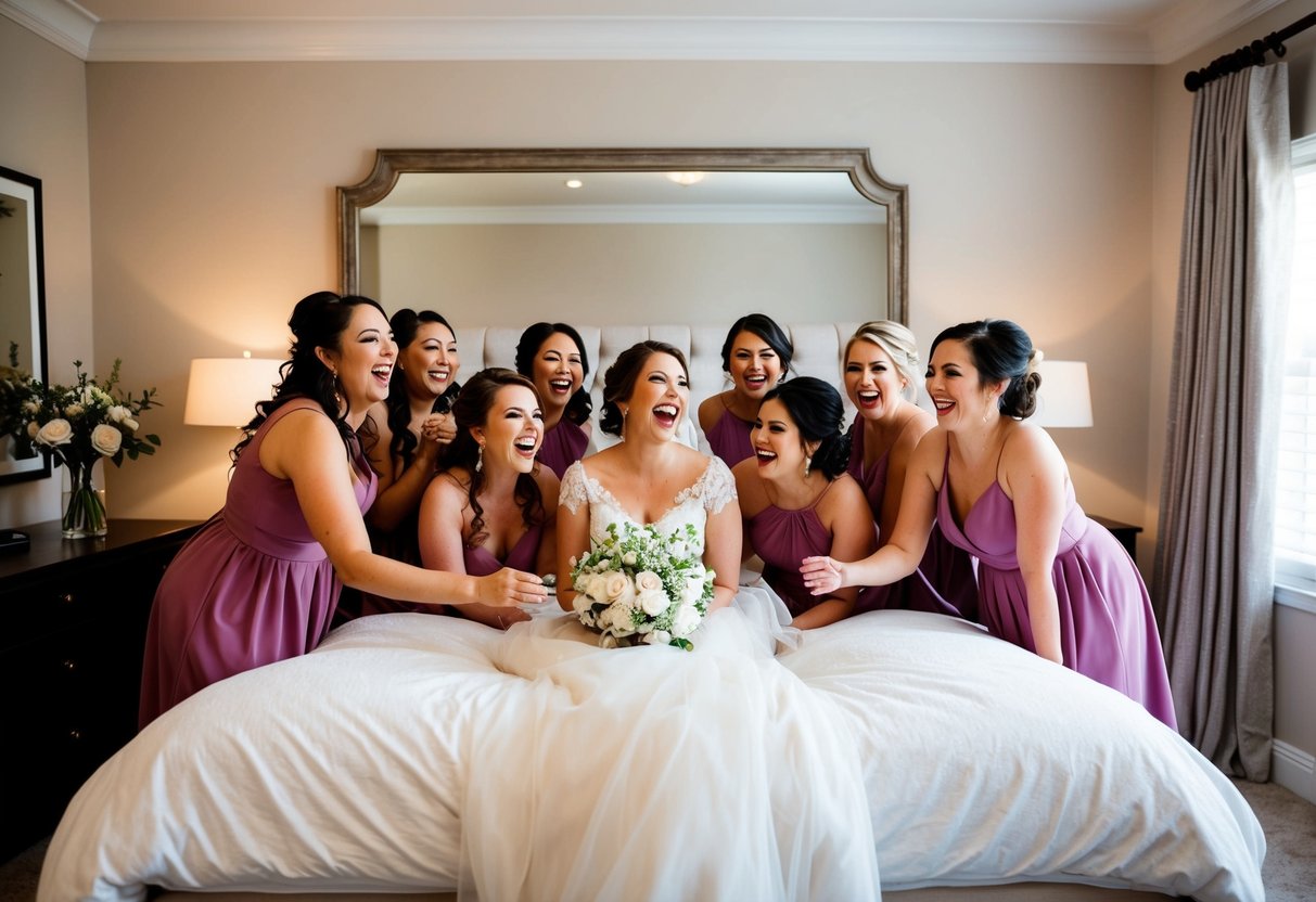 A cozy bedroom with a large bed and elegant decor, filled with laughter and excitement as bridesmaids gather to spend the night before the wedding with the bride