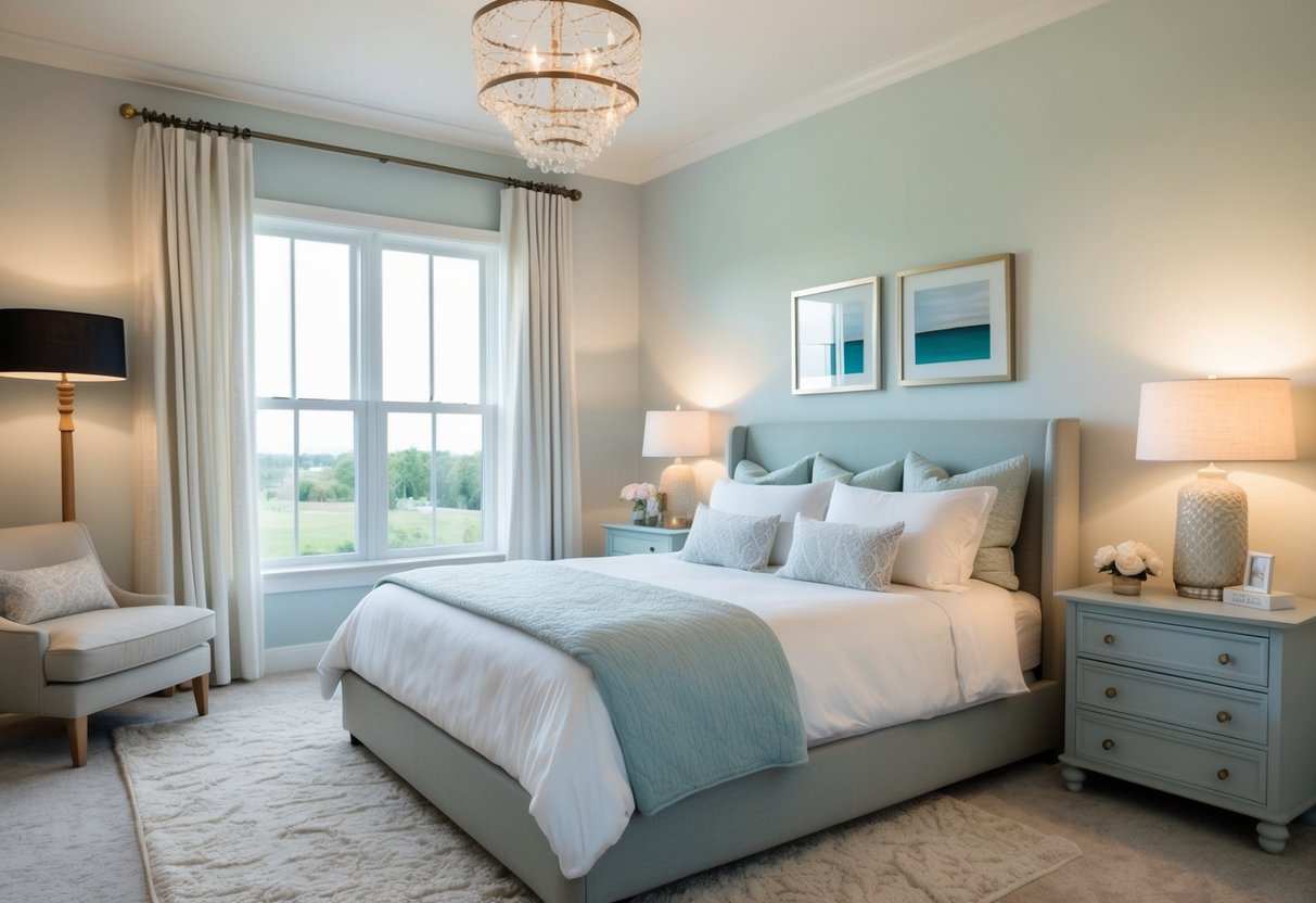 A serene bedroom with soft lighting, a cozy bed, and soothing decor