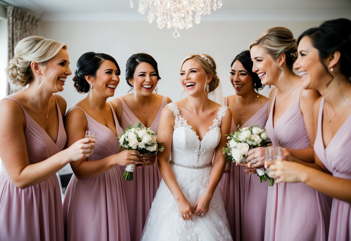 Bridesmaids gather around bride, sharing laughter and memories, as they prepare for her big day