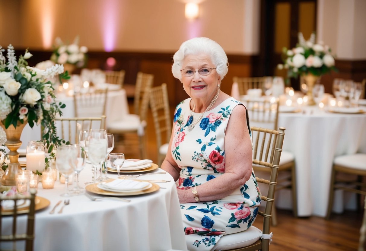 An elderly woman in a floral dress is seated first at a beautifully decorated wedding reception table, surrounded by elegant place settings and floral centerpieces