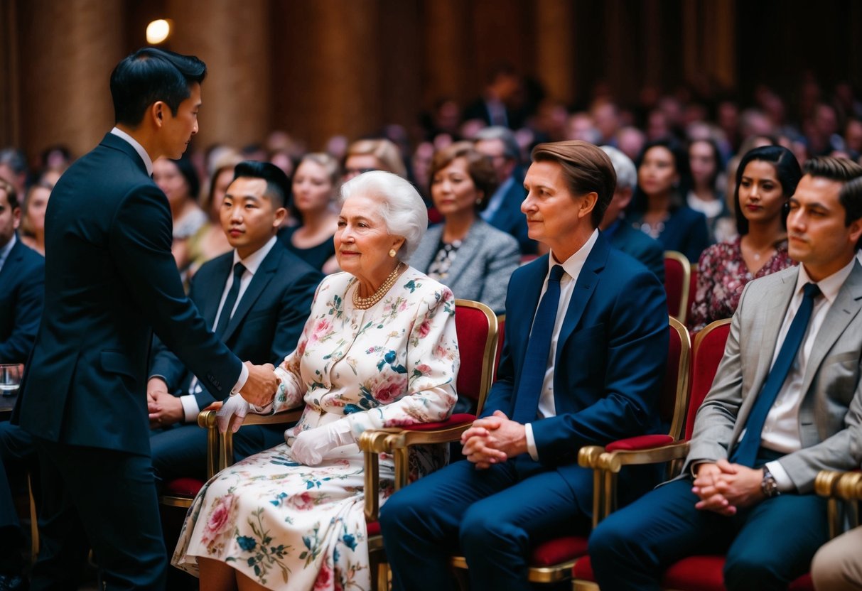 An elegant elderly woman in a floral dress is escorted to the front row by a young usher, where she is seated in the first chair