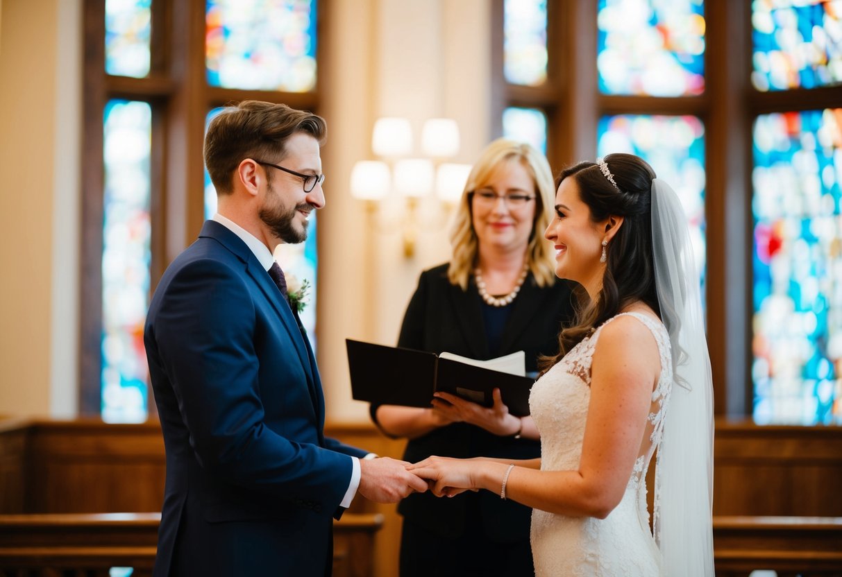 A couple stands before a registrar, exchanging vows