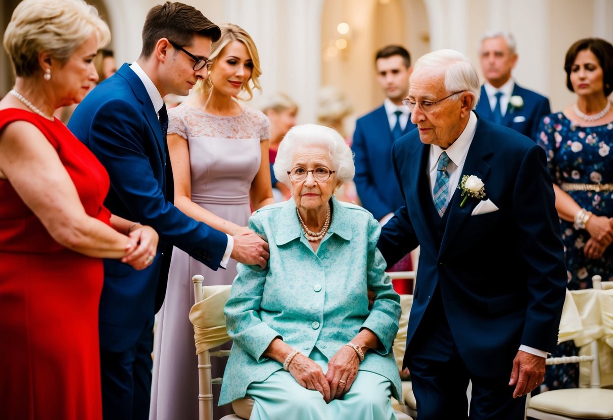The elderly grandmother is escorted to her seat by a young family member, while other guests respectfully stand aside