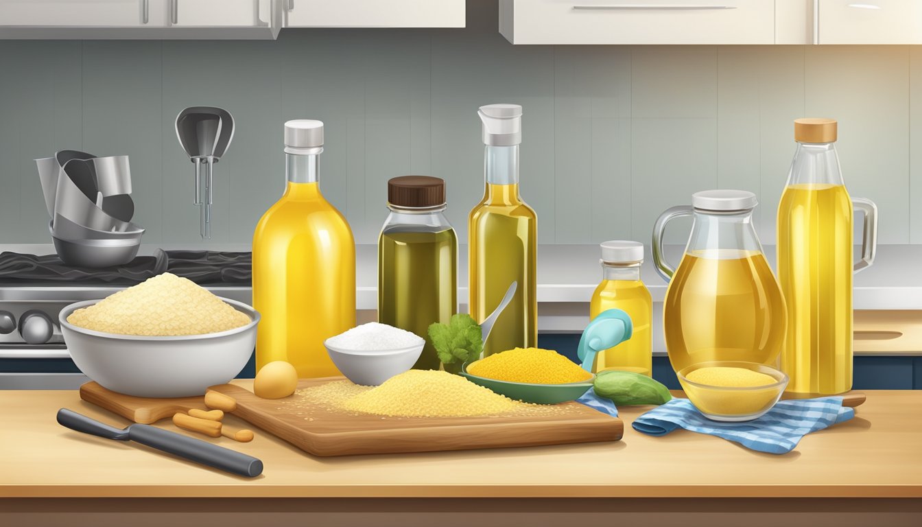 A kitchen counter with various baking ingredients and measuring tools, including bottles of vegetable oil and canola oil